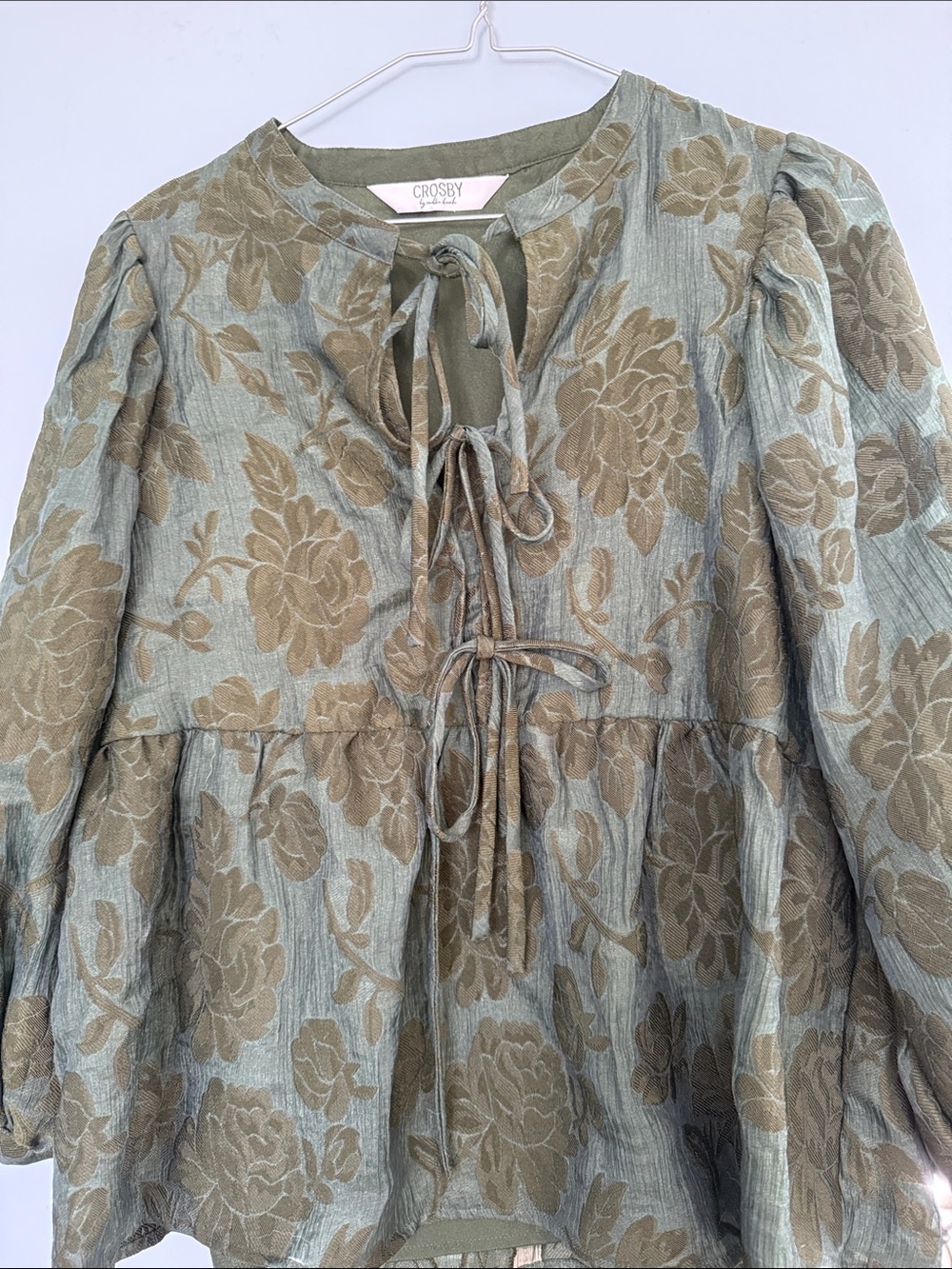 crosby. Olive and Taupe Floral Tie-Front Long Sleeve Dress